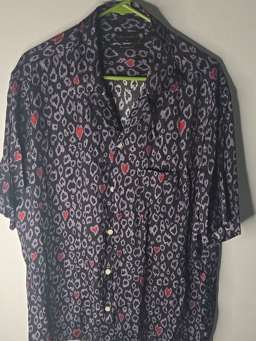 AllSaints Black Short-Sleeve Button-Up with Gray Leopard & Red Hearts